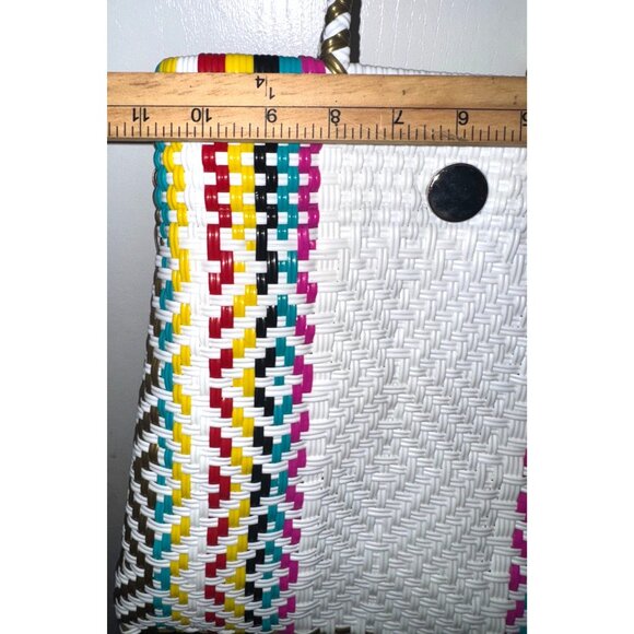 Handwoven Tote Bag With Multicolor Stripes & Button Closure - Picture 6 of 7